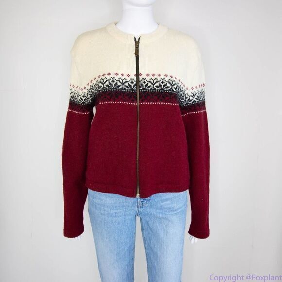 Levandi 100% wool nordic fair isle red white‎ full zip sweater women size XL - Picture 1 of 16